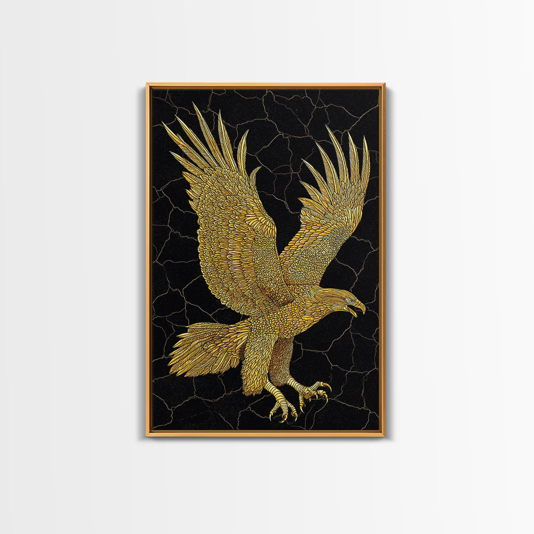Golden Eagle Canvas Art, Canvas Print in Canvas Gold, Framed Canvas Wall Art with Real Wood Frame, Black Background Luxury Wildlife Decor