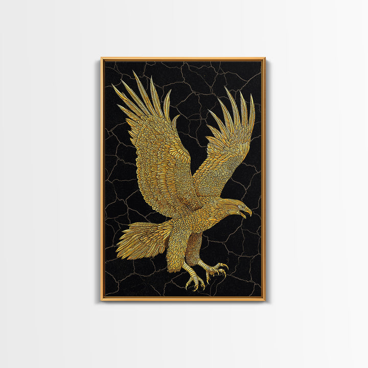 Golden Eagle Canvas Art, Canvas Print in Canvas Gold, Framed Canvas Wall Art with Real Wood Frame, Black Background Luxury Wildlife Decor