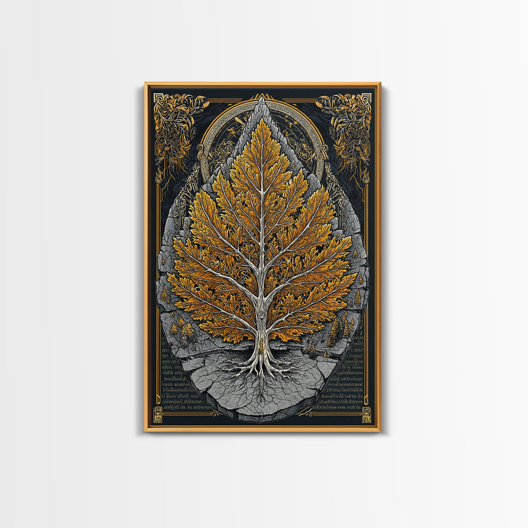 Tree of Life Canvas Art, Canvas Gold Canvas Print, Framed Canvas Wall Art with Real Wood Frame, Intricate Botanical Statement Decor