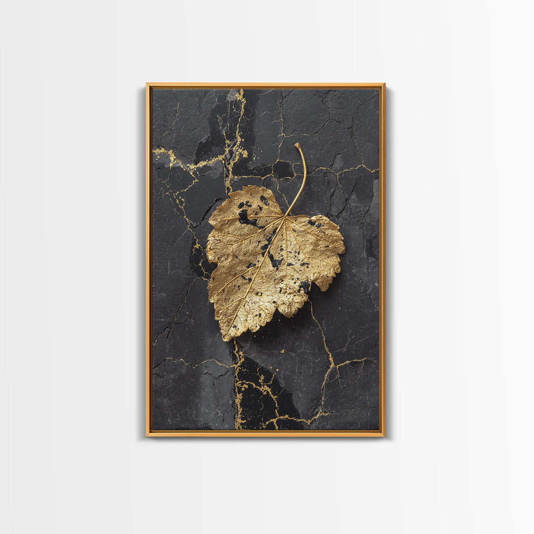 Gold Leaf on Black Marble Canvas Art, Canvas Gold Canvas Print, Framed Canvas Wall Art with Real Wood Frame, Minimalist Modern Decor