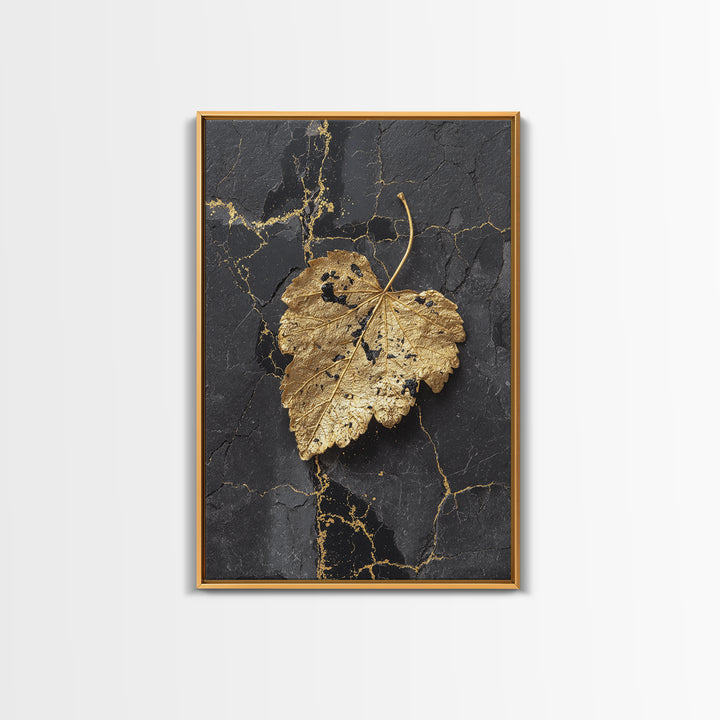 Gold Leaf on Black Marble Canvas Art, Canvas Gold Canvas Print, Framed Canvas Wall Art with Real Wood Frame, Minimalist Modern Decor