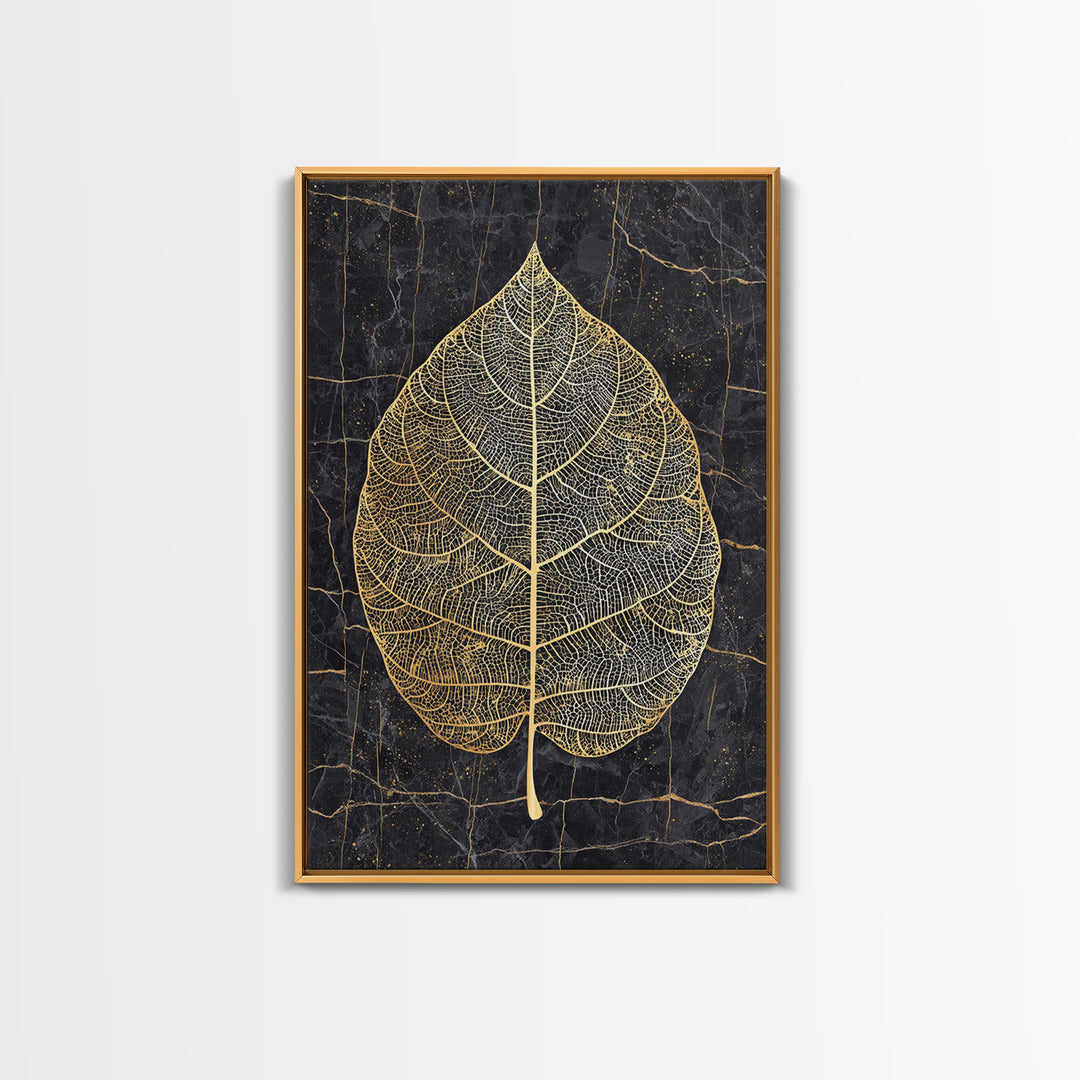 Skeleton Leaf Botanical Canvas Art, Canvas Gold Canvas Print, Framed Canvas Wall Art with Real Wood Frame, Black Marble Nature Decor