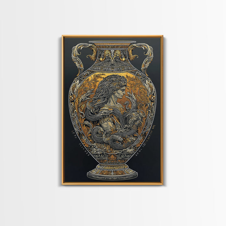 Medusa Greek Vase Canvas Art, Canvas Gold Canvas Print, Framed Canvas Wall Art with Real Wood Frame, Mythology Classical Decor