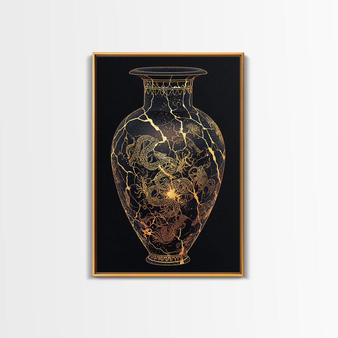 Kintsugi Serpent Vase Canvas Art, Canvas Gold Canvas Print, Framed Canvas Wall Art with Real Wood Frame, Celestial Night Sky Decor