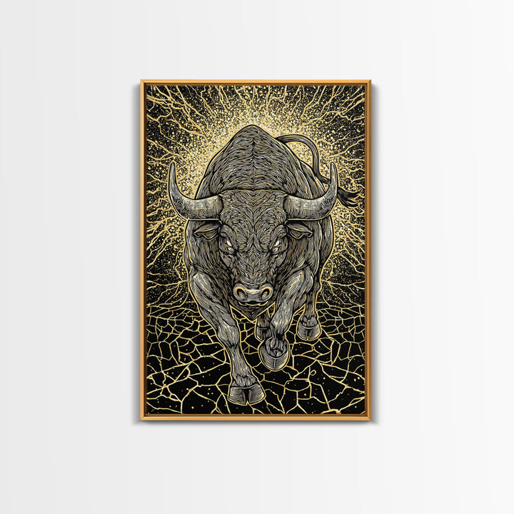 Charging Bull Canvas Art, Canvas Gold Canvas Print, Framed Canvas Wall Art with Real Wood Frame, Powerful Animal Gallery Decor