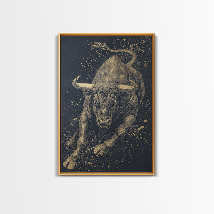 Leaping Bull Canvas Art, Canvas Gold Canvas Print, Framed Canvas Wall Art with Real Wood Frame, Dynamic Animal Modern Decor