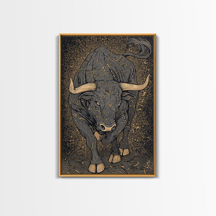 Cracked Stone Bull Canvas Art, Canvas Gold Canvas Print, Framed Canvas Wall Art with Real Wood Frame, Textured Cosmic Decor