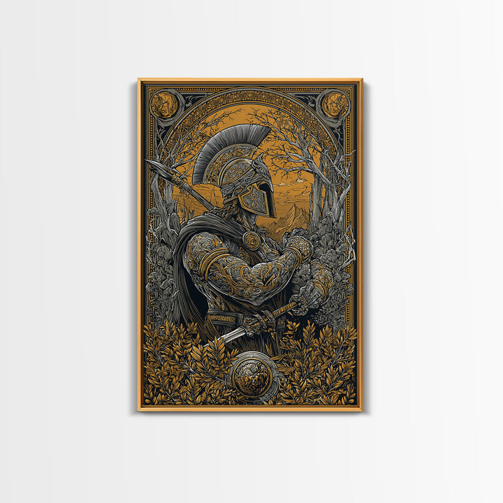 Spartan Soldier in Ornate Armor with Spear – Canvas Gold Art, Intricate Canvas Art Print, Classical Greece Wall Hanging