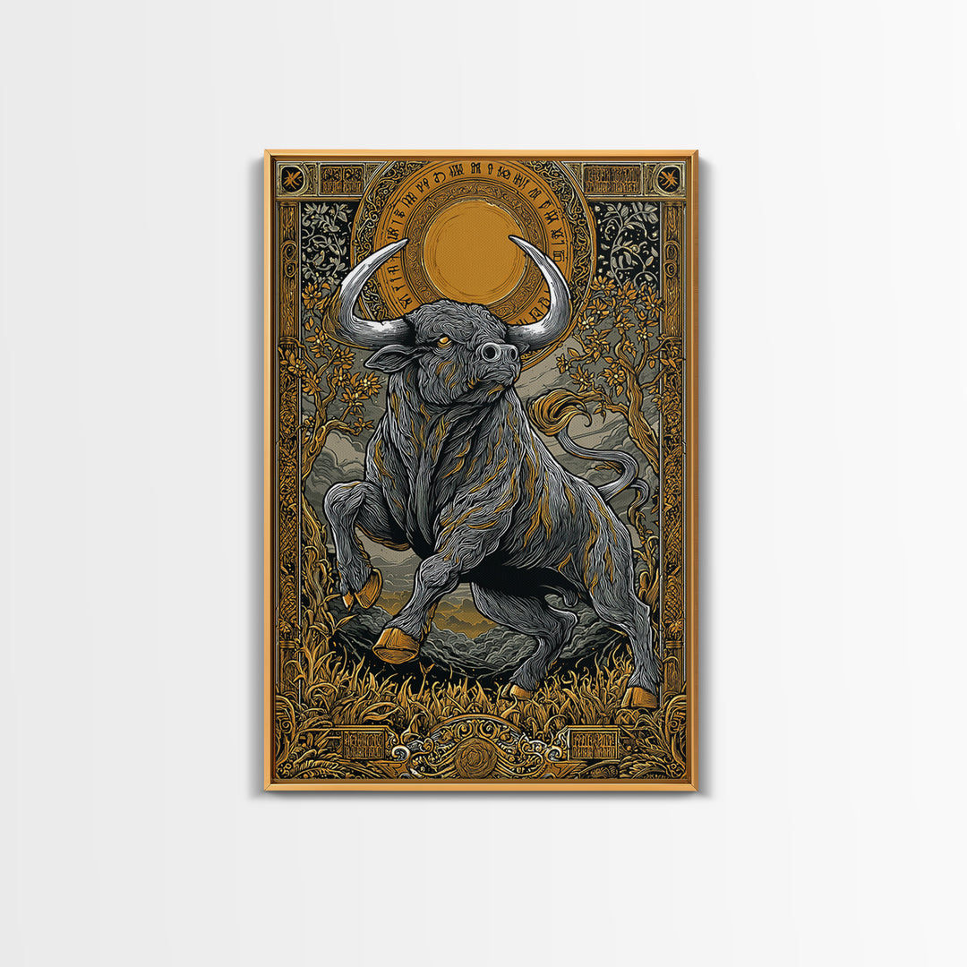 Taurus Zodiac Bull Canvas Art, Canvas Gold Canvas Print, Framed Canvas Wall Art with Real Wood Frame, Ornate Mythic Gallery Decor