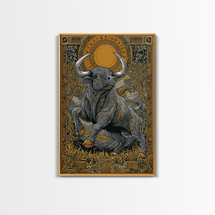 Taurus Zodiac Bull Canvas Art, Canvas Gold Canvas Print, Framed Canvas Wall Art with Real Wood Frame, Ornate Mythic Gallery Decor