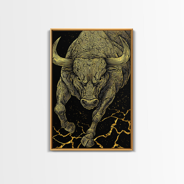 Charging Bull Canvas Gold Canvas Print, Framed Canvas Wall Art with Real Wood Frame, Dynamic Black and Gold Animal Decor