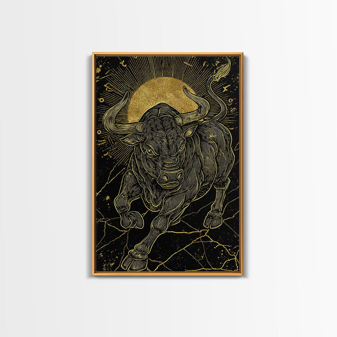 Taurus Bull Canvas Gold Canvas Print, Framed Canvas Wall Art with Real Wood Frame, Zodiac Sun Disc Black and Gold Gallery Decor