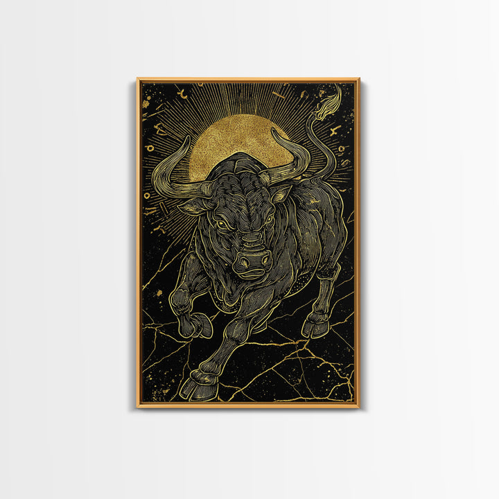 Taurus Bull Canvas Gold Canvas Print, Framed Canvas Wall Art with Real Wood Frame, Zodiac Sun Disc Black and Gold Gallery Decor