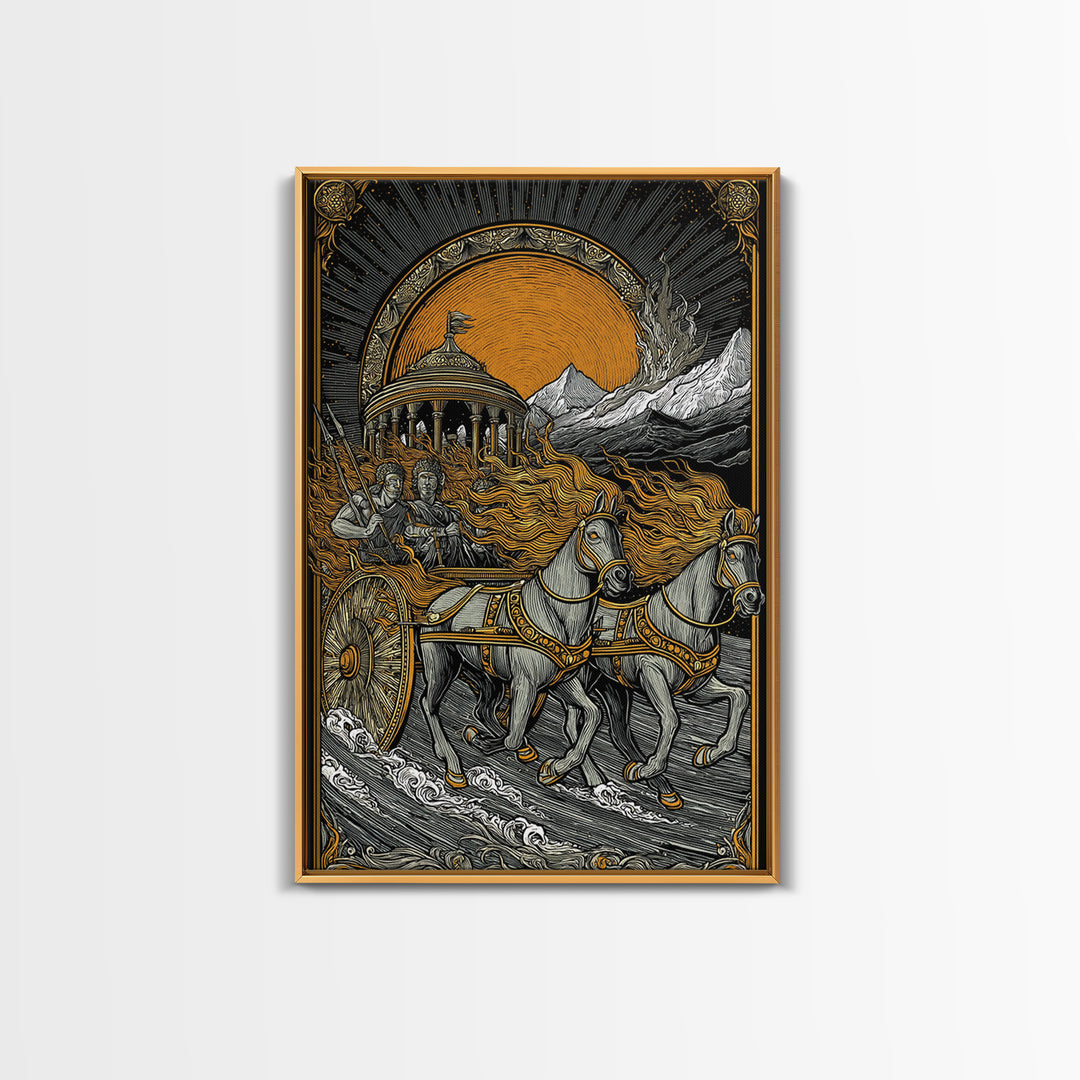 Sun Chariot Canvas Gold Canvas Print, Framed Canvas Wall Art with Real Wood Frame, Greek Myth Apollo Helios Horses Statement Decor