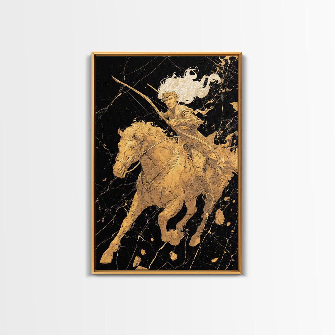 Huntress on Horse Canvas Gold Canvas Print, Framed Canvas Wall Art with Real Wood Frame, Warrior Goddess Archer Black Gold Decor