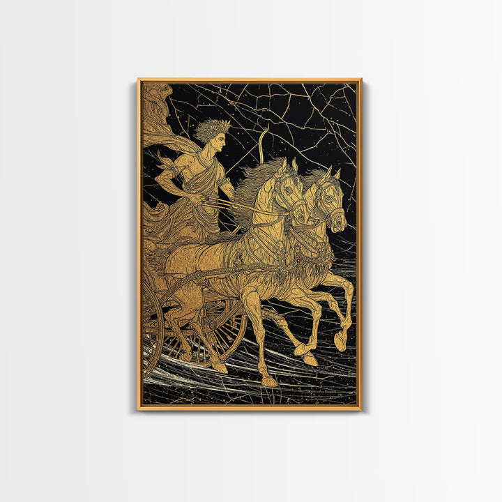 Apollo Sun Chariot Canvas Gold Canvas Print, Framed Canvas Wall Art with Real Wood Frame, Classical Greek God Horses Wall Decor