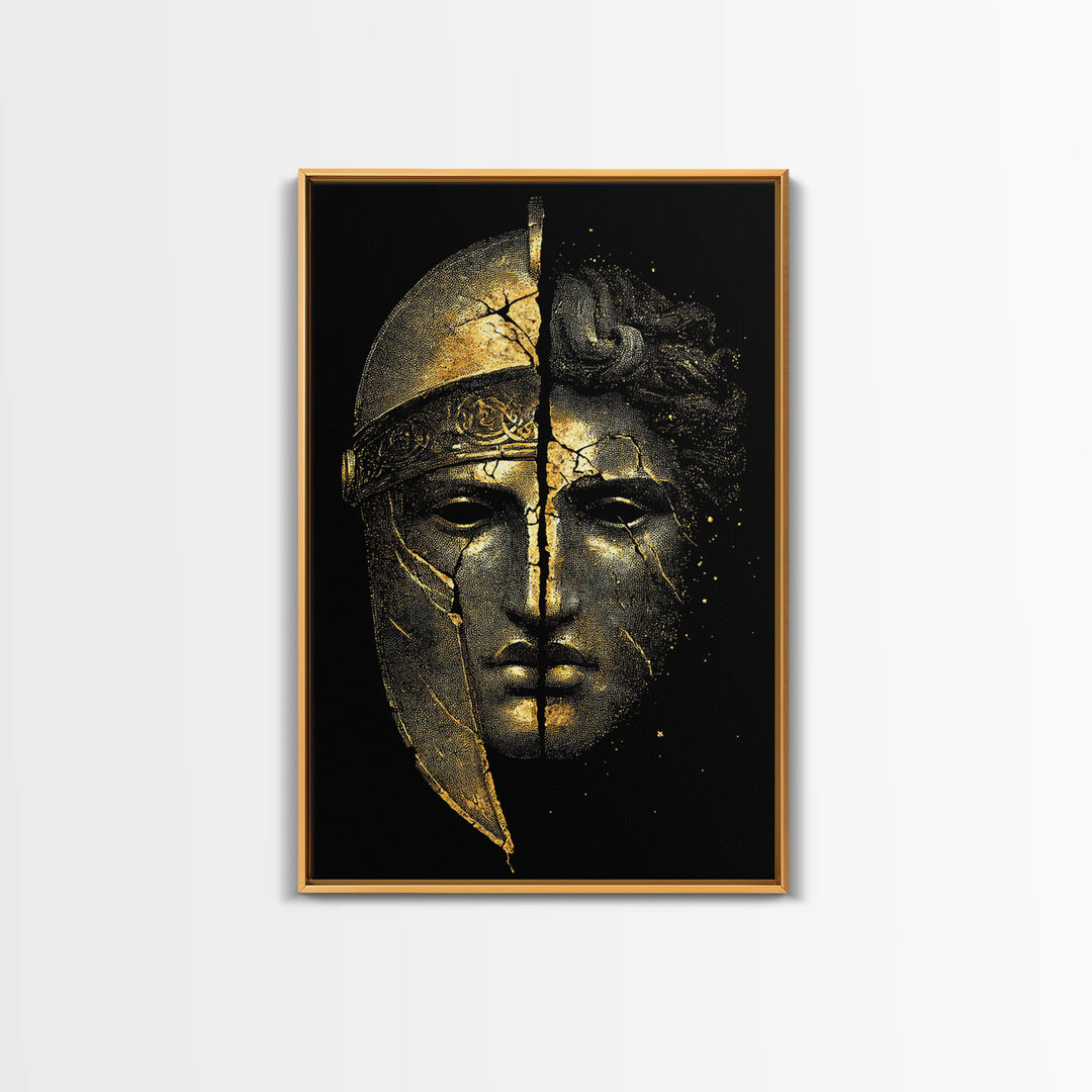 Ancient Warrior Mask Canvas Gold Canvas Print, Framed Canvas Wall Art with Real Wood Frame, Greek Helmet Cracked Kintsugi Decor