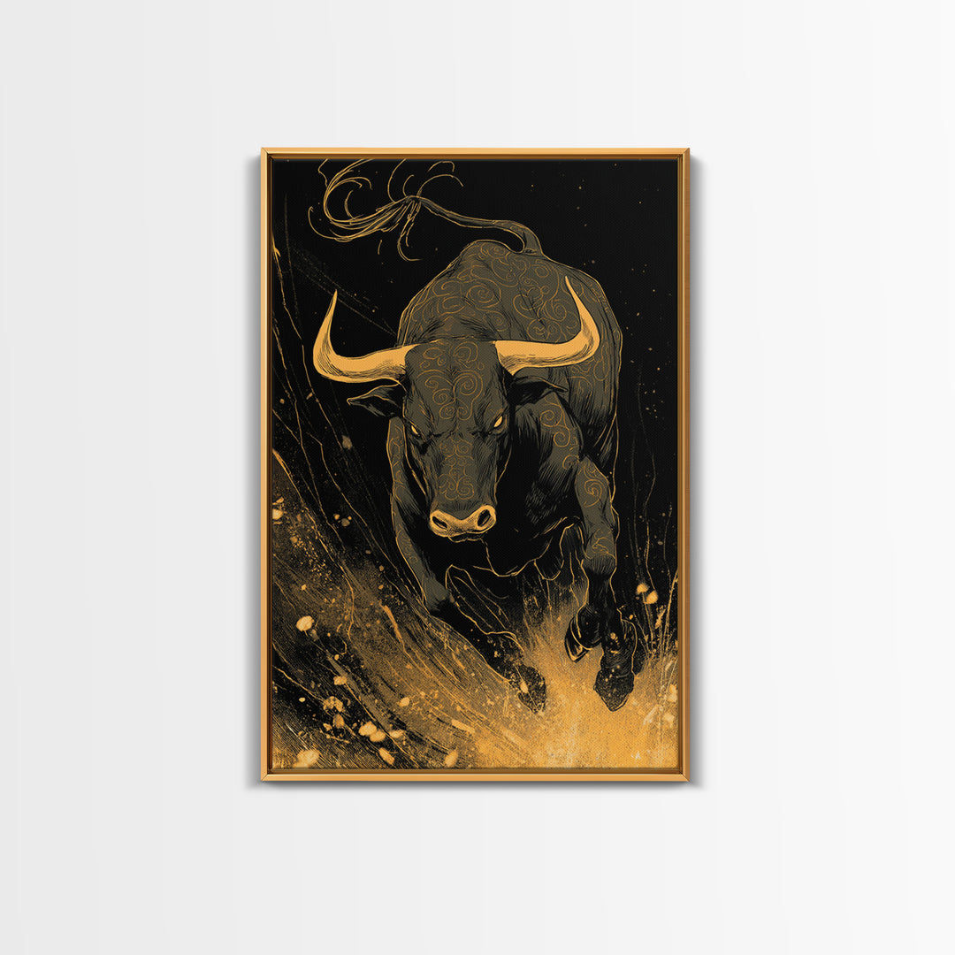 Bull Splash Canvas Gold Canvas Print, Framed Canvas Wall Art with Real Wood Frame, Powerful Charging Animal Black Gold Decor