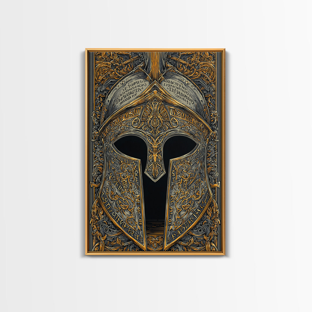 Ornate Spartan Helmet Detail with Inscriptions – Canvas Gold Art for Wall, Classical Armor Canvas Art, Greek Warrior Decor
