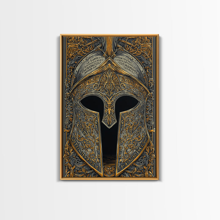 Ornate Spartan Helmet Detail with Inscriptions – Canvas Gold Art for Wall, Classical Armor Canvas Art, Greek Warrior Decor