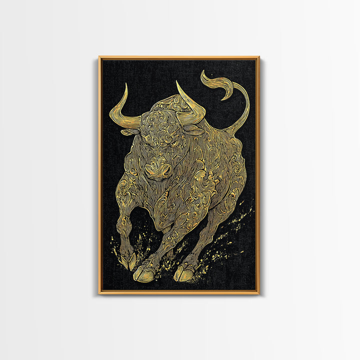 Ornate Bull Canvas Gold Canvas Print, Framed Canvas Wall Art with Real Wood Frame, Decorative Swirl Pattern Animal Gallery Decor