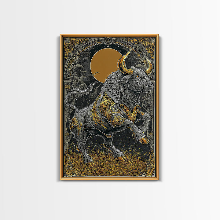 Regal Bull Canvas Gold Canvas Print, Framed Canvas Wall Art with Real Wood Frame, Mythic Black and Gold Zodiac Decor for Gallery