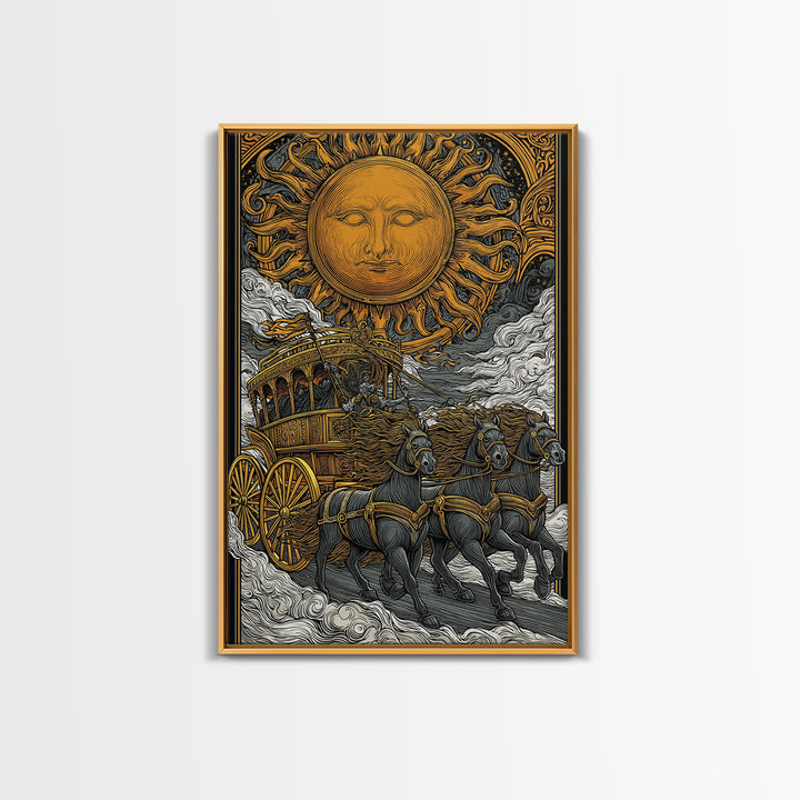 Sun Chariot Canvas Gold Canvas Print, Framed Canvas Wall Art with Real Wood Frame, Greek Myth Apollo Horses Statement Decor