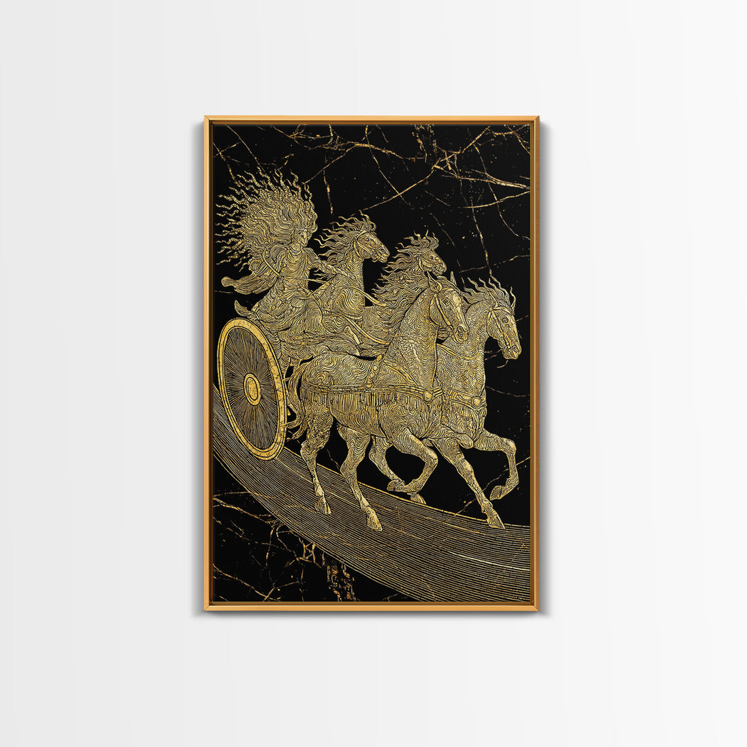 Golden Chariot Canvas Gold Art, Framed Canvas Wall Art with Real Wood Frame, Classical Black and Gold Greek Myth Horse Decor