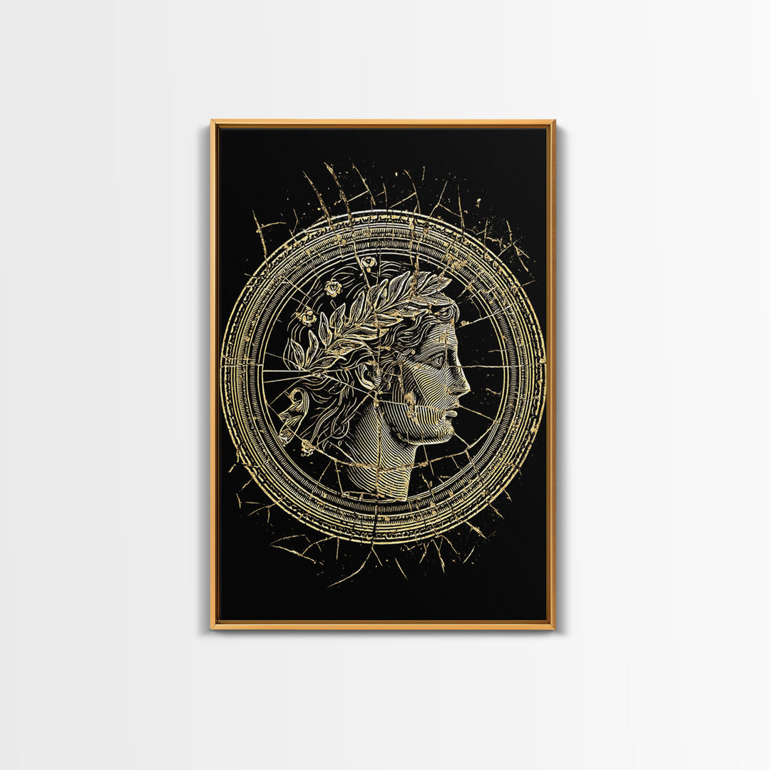 Greek Coin Profile Canvas Gold Canvas Print, Framed Canvas Wall Art with Real Wood Frame, Black and Gold Classical Portrait Decor