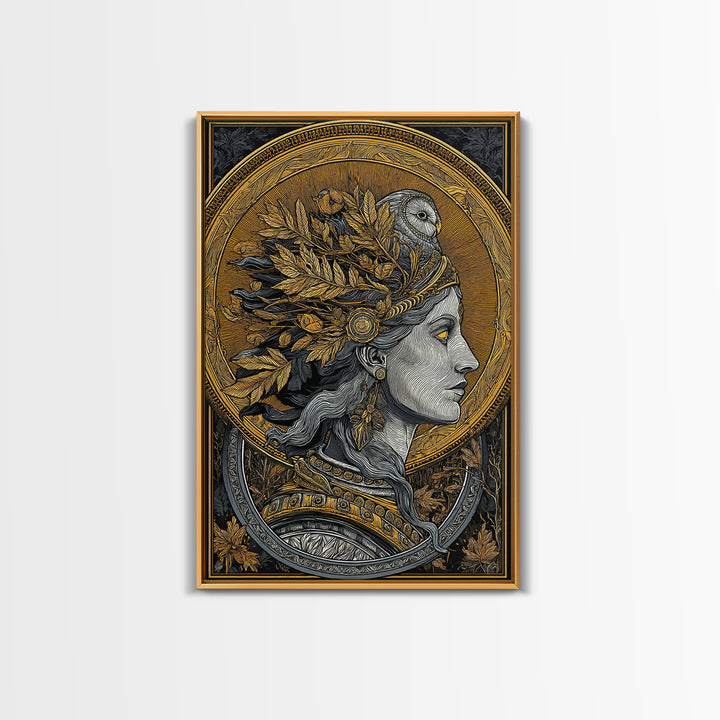 Athena Portrait Canvas Gold Canvas Print, Framed Canvas Wall Art with Real Wood Frame, Greek Goddess with Owl Luxury Home Decor