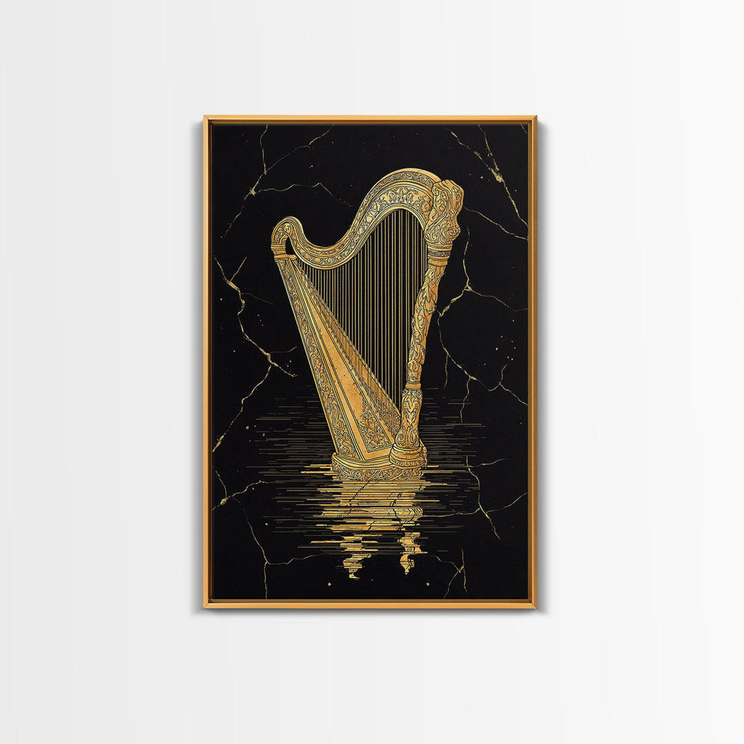 Golden Harp Canvas Gold Canvas Print, Framed Canvas Wall Art with Real Wood Frame, Black and Gold Classical Instrument Decor
