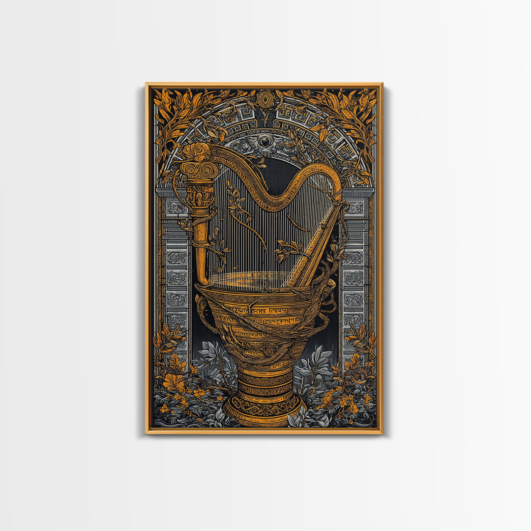 Ornate Harp Canvas Gold Art, Framed Canvas Wall Art with Real Wood Frame, Black and Gold Botanical Classical Music Wall Decor