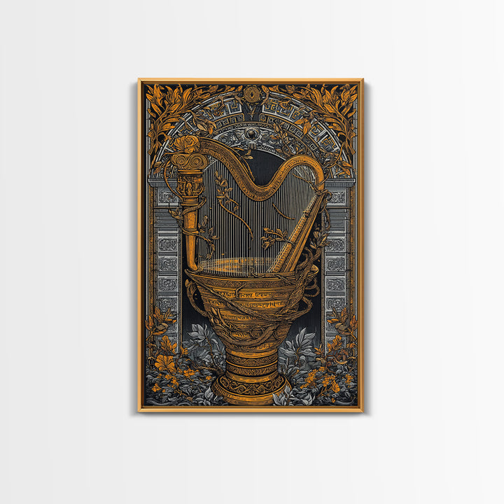 Ornate Harp Canvas Gold Art, Framed Canvas Wall Art with Real Wood Frame, Black and Gold Botanical Classical Music Wall Decor