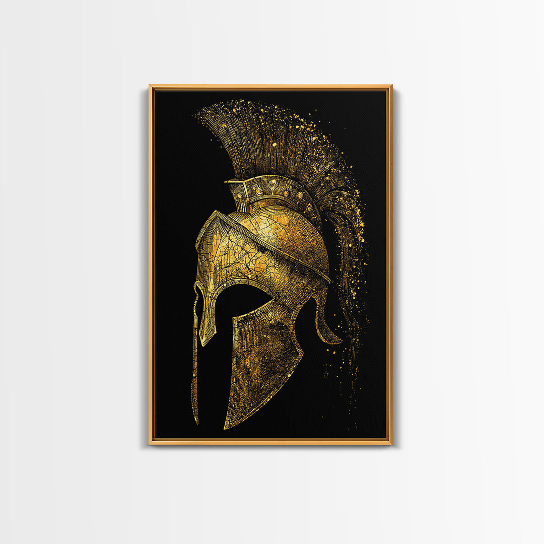 Spartan Helmet Canvas Gold Canvas Print, Framed Canvas Wall Art with Real Wood Frame, Black and Gold Greek Warrior Decor