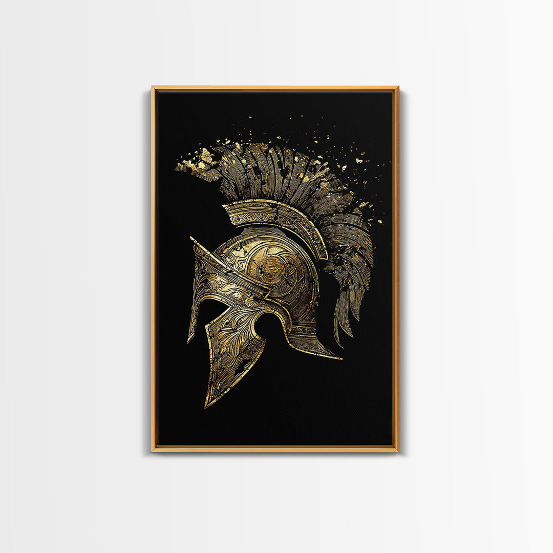 Spartan Helmet Canvas Gold Canvas Print – Ancient Warrior Art on Premium Canvas with Real Wood Frame – Greek History Wall Decor