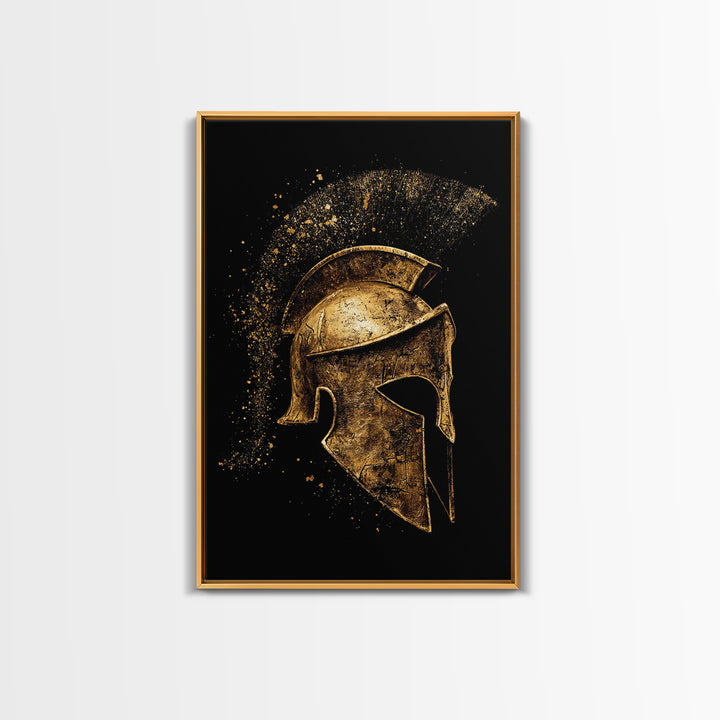 Greek Warrior Helmet Canvas Gold Canvas Print – Ancient Sparta Wall Art with Real Wood Frame – Bold Historical Home Decor