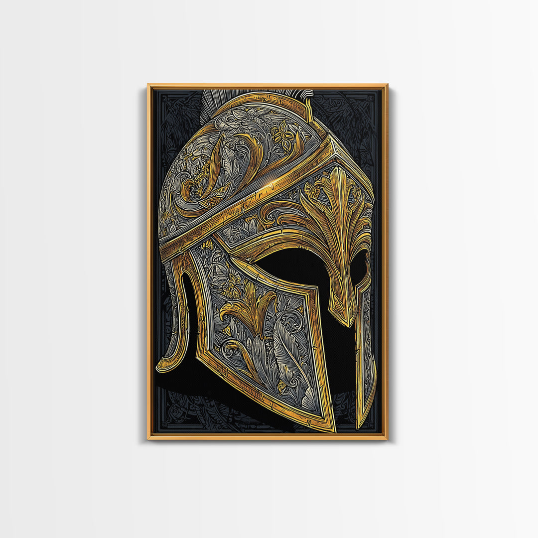 Ornate Spartan Helmet Canvas Gold Art – Intricate Ancient Warrior Wall Print on Canvas with Real Wood Frame – Greek Decor