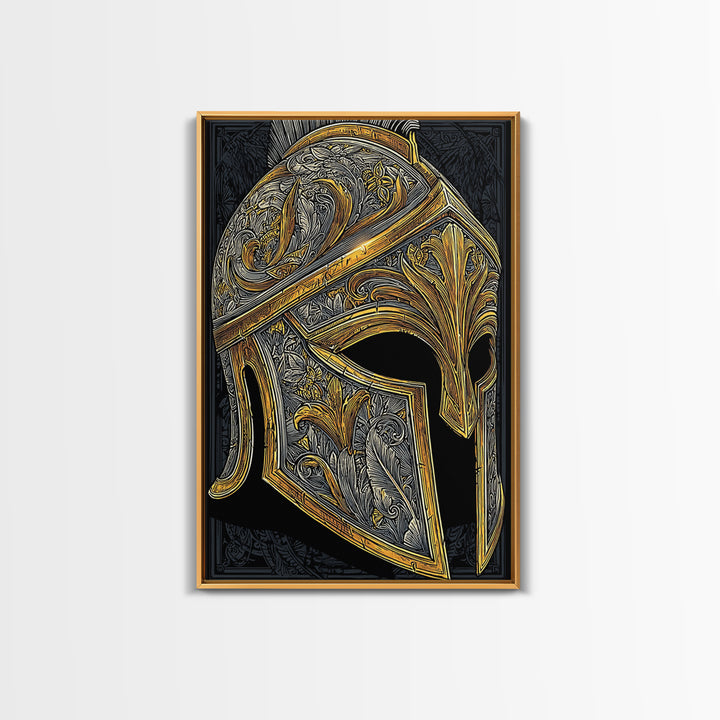 Ornate Spartan Helmet Canvas Gold Art – Intricate Ancient Warrior Wall Print on Canvas with Real Wood Frame – Greek Decor