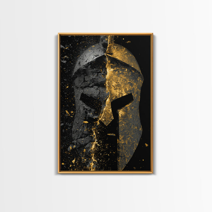 Shattered Spartan Helmet Canvas Gold Canvas Print – Half Black Rock Half Gold Warrior Art – Real Wood Frame Home Wall Decor