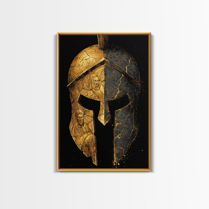 Cracked Warrior Helmet Canvas Gold Art – Ancient Greek Sparta Wall Canvas Print with Real Wood Frame – Bold Home Decor