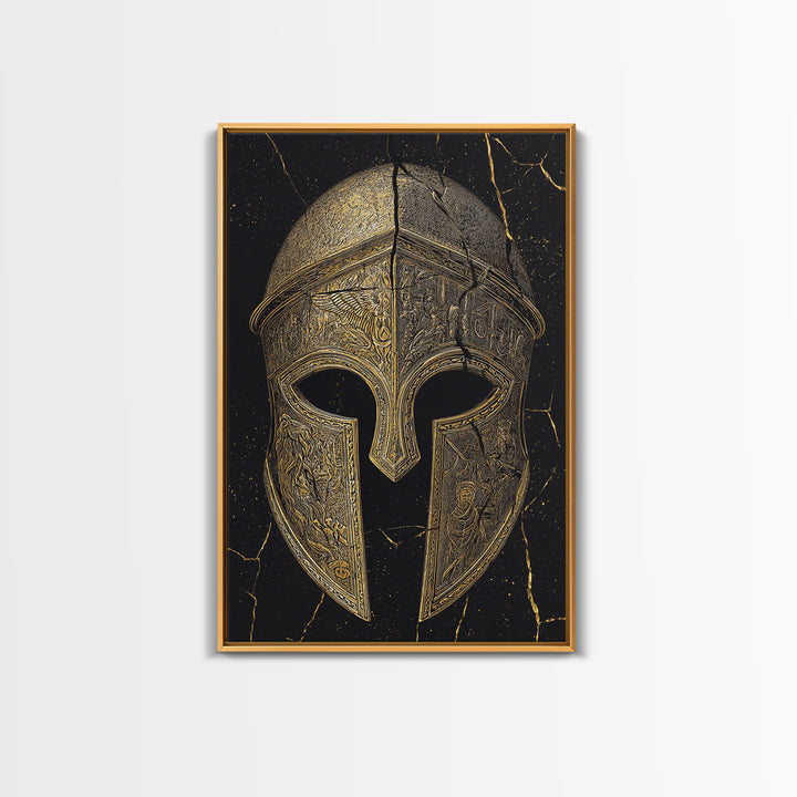 Detailed Spartan Helmet Canvas Gold Canvas Print – Engraved Greek History Art with Real Wood Frame – Warrior Wall Decor