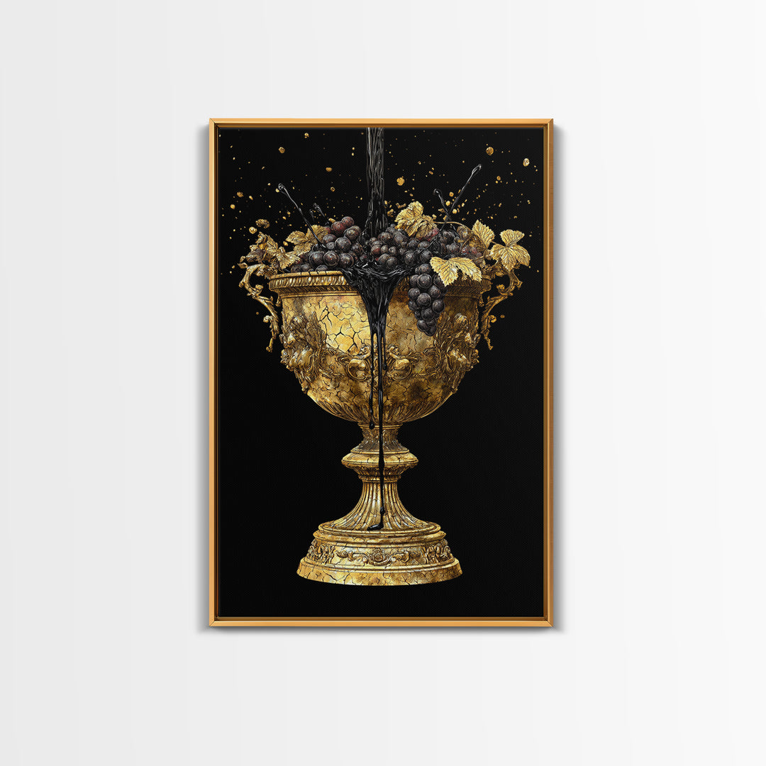 Luxurious Golden Chalice Canvas Gold Canvas Print – Grapes & Wine Still Life Wall Art with Real Wood Frame – Elegant Kitchen Decor