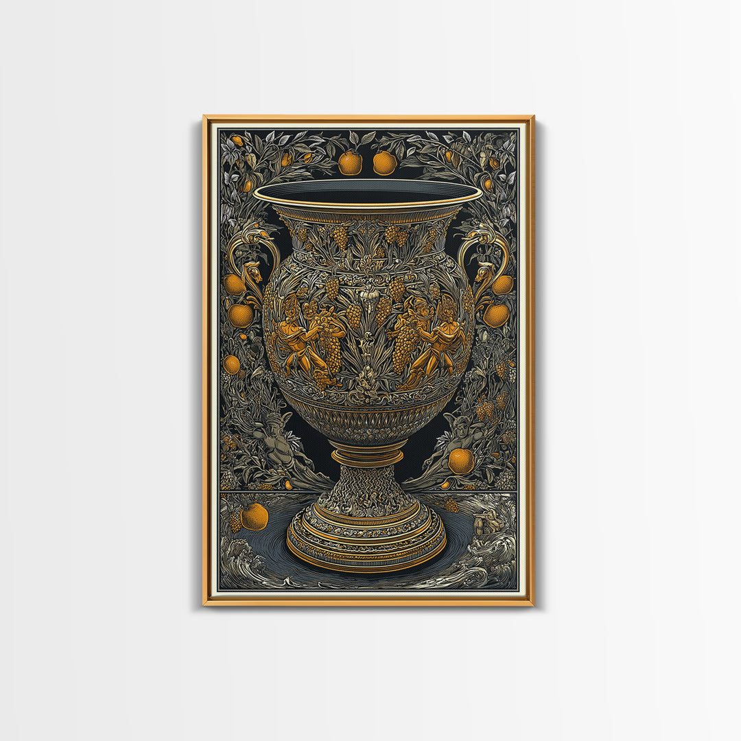 Ornate Golden Vase Canvas Gold Art – Greek Mythology & Nature Scene Wall Canvas Print with Real Wood Frame – Classic Decor