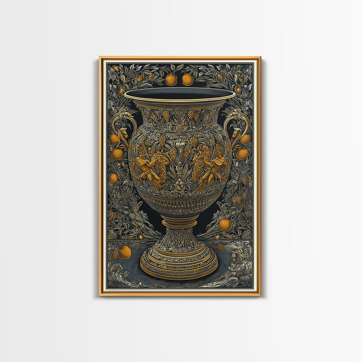 Ornate Golden Vase Canvas Gold Art – Greek Mythology & Nature Scene Wall Canvas Print with Real Wood Frame – Classic Decor