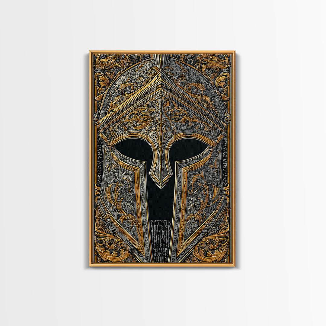 Runic Spartan Helmet with Ornate Gold Carving – Canvas Gold Art, Intricate Ancient Helmet Canvas Art, Mythic Warrior Decor