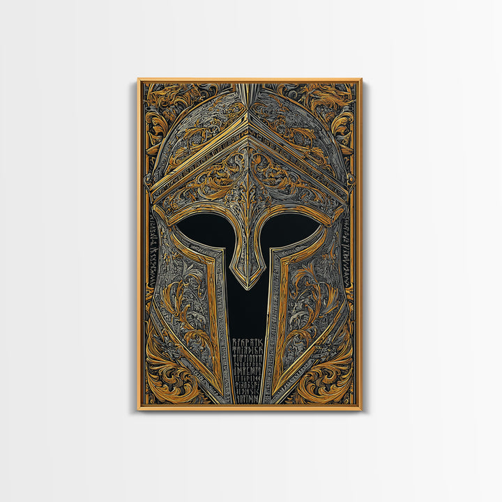 Runic Spartan Helmet with Ornate Gold Carving – Canvas Gold Art, Intricate Ancient Helmet Canvas Art, Mythic Warrior Decor