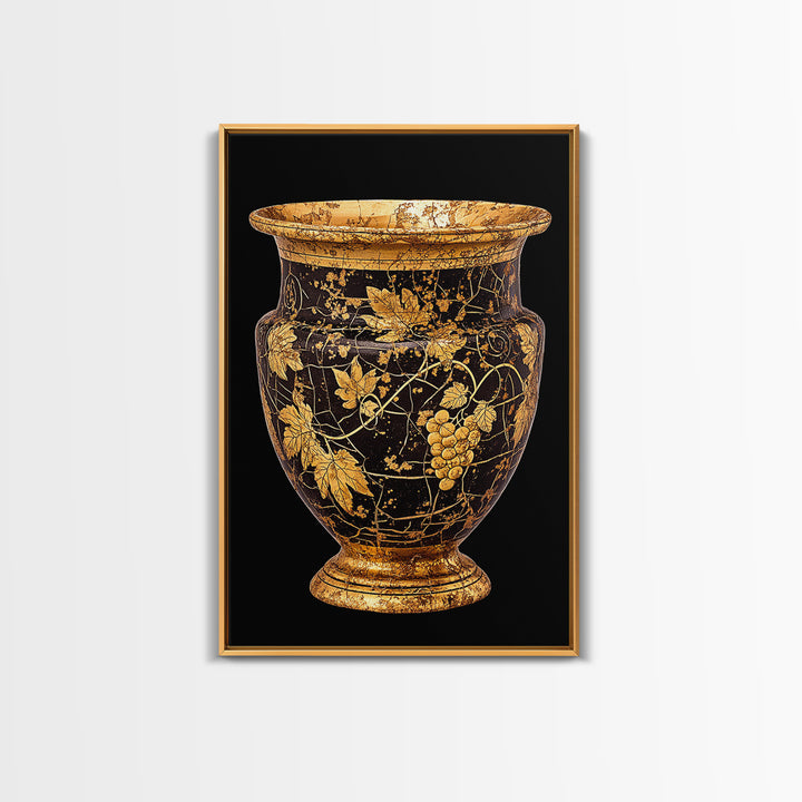 Black & Gold Grape Vase Canvas Gold Canvas Print – Elegant Vine & Wine Themed Wall Art with Real Wood Frame – Modern Classic Decor