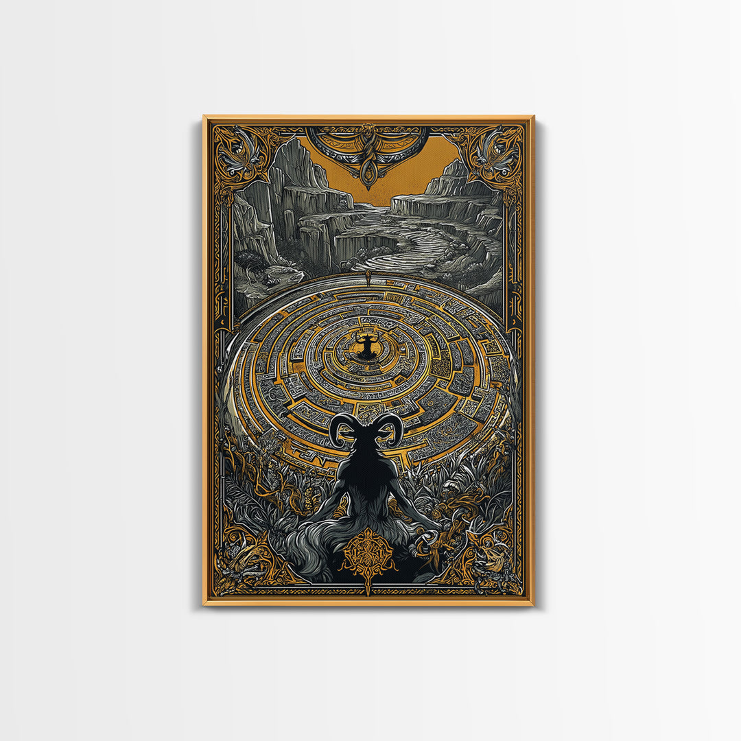 Labyrinth Minotaur Fantasy Scene Canvas Gold Canvas Print with Real Wood Frame – Mythology Inspired Wall Art