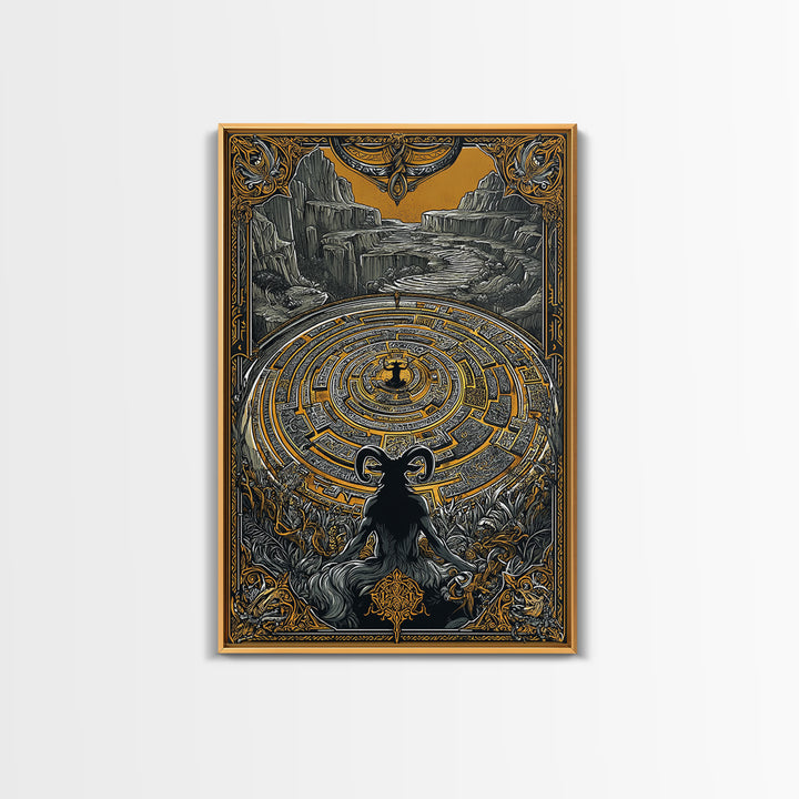 Labyrinth Minotaur Fantasy Scene Canvas Gold Canvas Print with Real Wood Frame – Mythology Inspired Wall Art