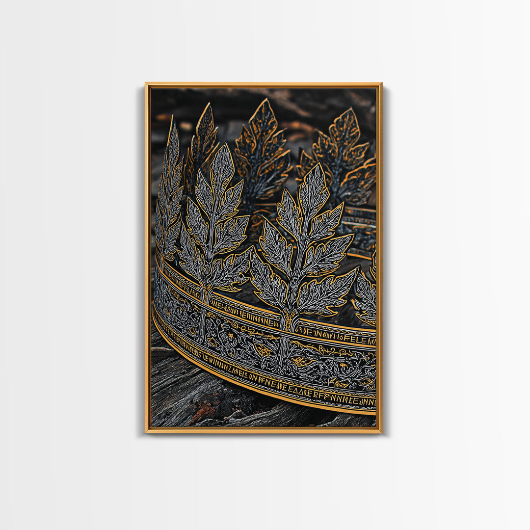 Laurel Leaf Crown Canvas Gold Art Print with Real Wood Frame – Regal Nature-Inspired Decorative Wall Piece